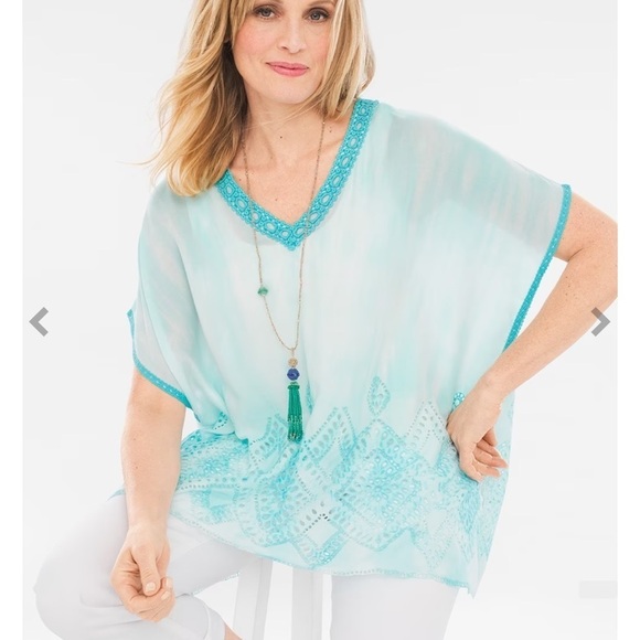 Chico's Tops - Chicos Aqua Dyed Lace-Detail Embroidered Hem Poncho Style Slouchy Tunic